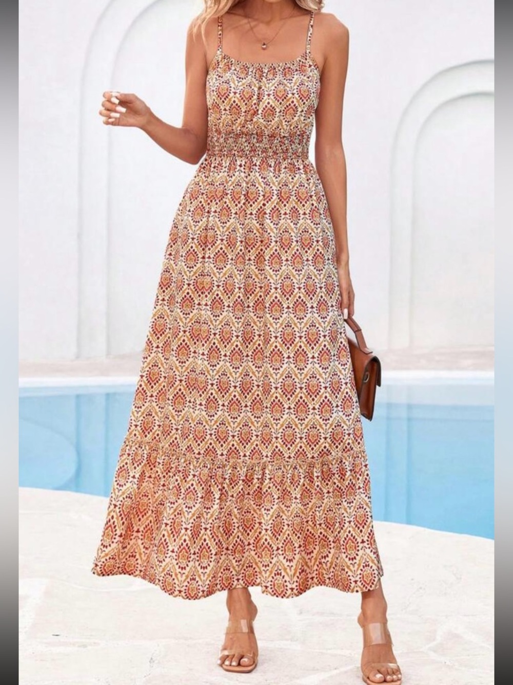 Scoop-Neck Geo Print Maxi Dress in Apricot and Brown